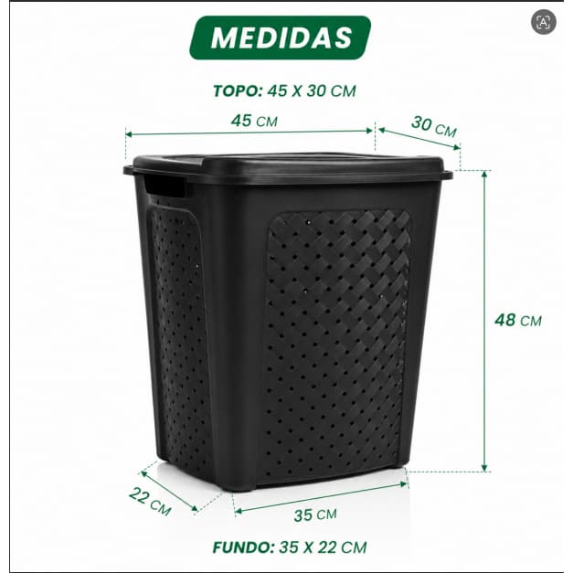 Cesto Para Roupa Suja 45L Com Tampa Organizador Lavanderia Banheiro Quarto Grande Resistente