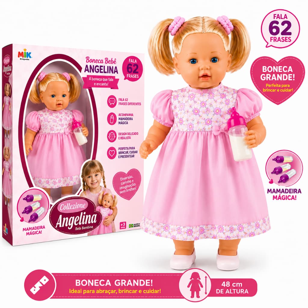 Boneca Angelina Loira Fala 62 Frases + Mamadeira Mágica Brinquedo Menina - Envio Imediato -