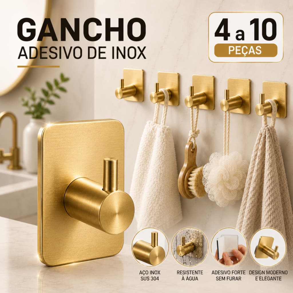 Kit Gancho Parede Adesivo Inox 304 Sem Furo Forte 5 Kg Banheiro Cozinha Toalha Roupa e Multiuso Casa