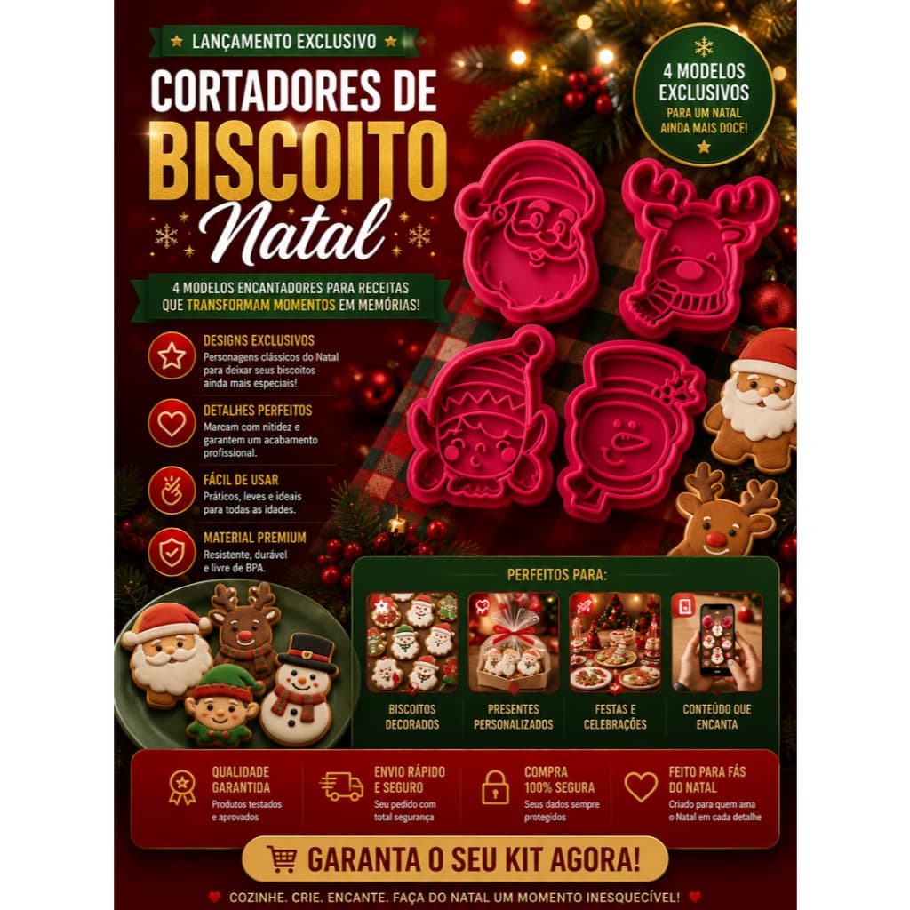 Kit Cortadores Natalinos | Biscoitos | Cookies | Pasta Americana | Massinha de Modelar – 4 Unidades
