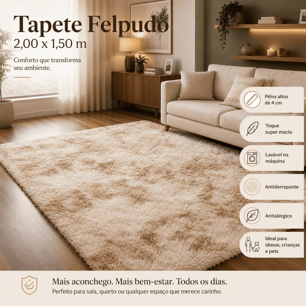 Tapete Felpudo 2,00x1,50 Peludo 4cm Antiderrapante Lavável Sala Quarto Shaggy Macio