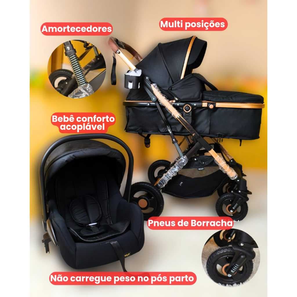 Kit Carrinho de bebê com bebê Conforto Luxo, Amortecedores, Rodas Grandes de Borracha Até 25g menino