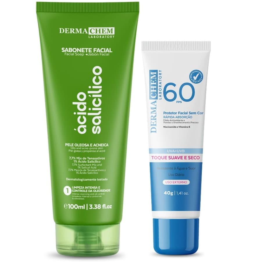 Kit Ácido Salicílico Dermachem Sabonete Facial + Protetor Solar FPS 60 Pele Oleosa e Acneica
