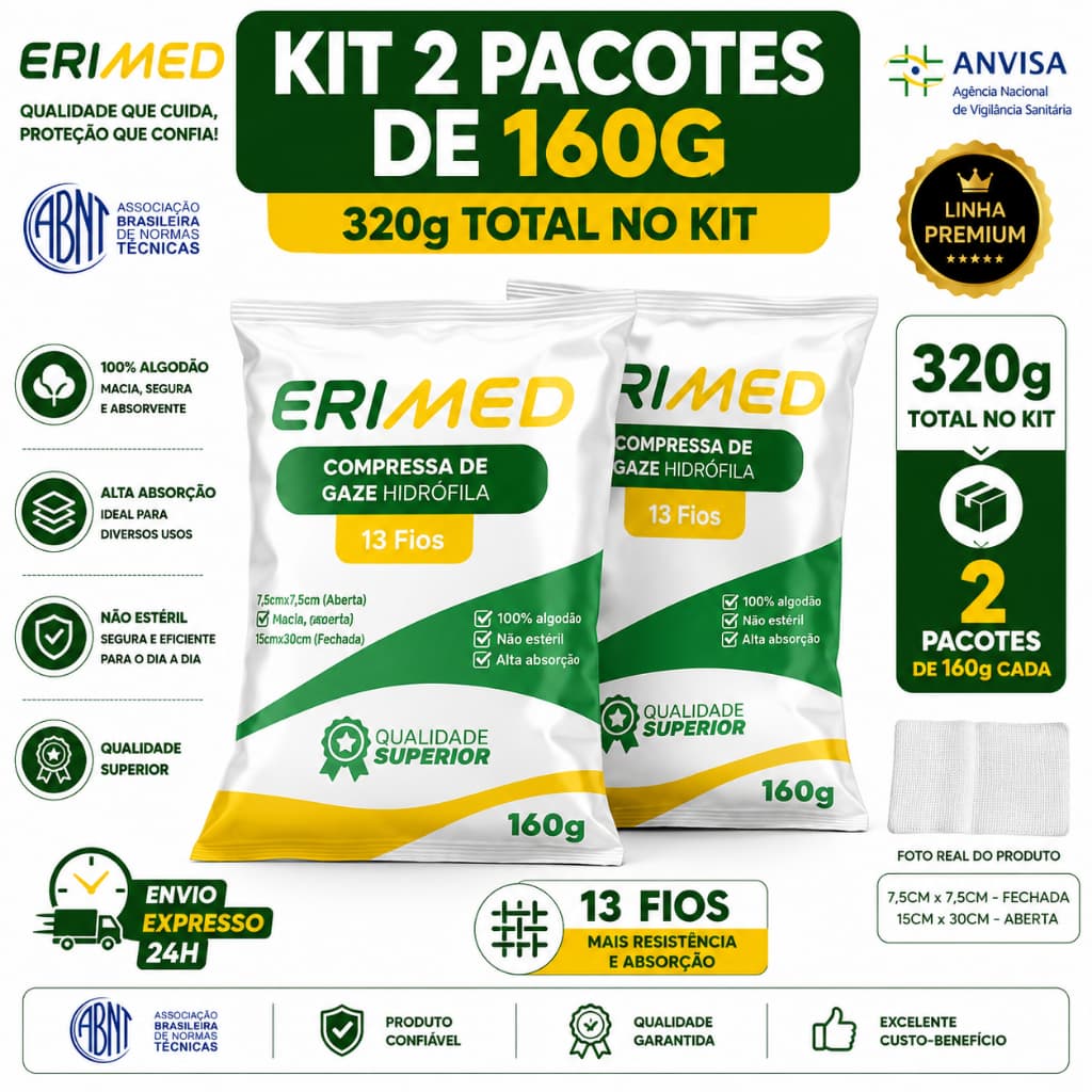 Kit 2 Compressa De Gaze Premium 13 Fios 11 Fios 9 Fios 160 Gramas Hidrófila Gazes Descartável Anvisa
