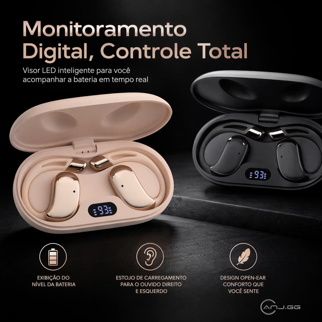 Fone Bluetooth Open Ear Sem Fio Bluetooth 6.0 Touch Display LED Estojo USB-C Esportivo Confortável