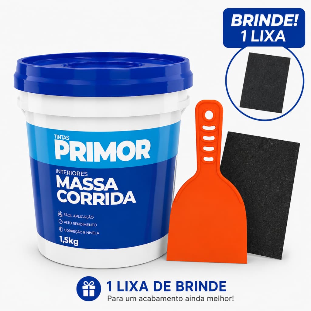 Kit Massa Corrida 1,5kg Primor + Espátula 10cm + Lixa Brinde Kit Completo