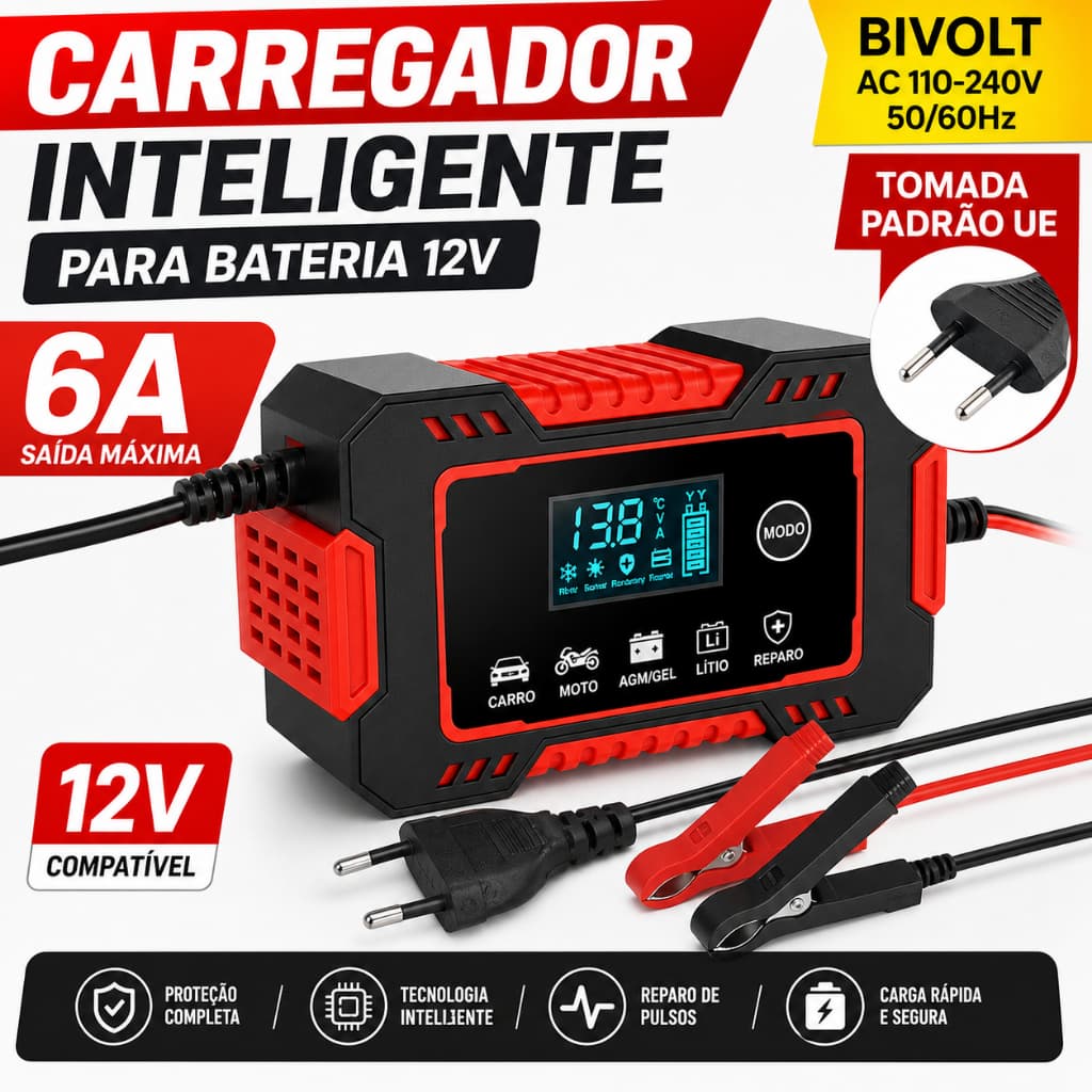 Carregador Bateria 12v Inteligente Até 300amperes Cv6ah visor Carro moto caminhão