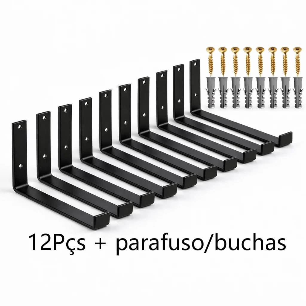 Kit 12 Suportes Mão Francesa Invertida Reforçada – Vários Tamanhos, Até 10kg, Prateleira Parede, Multiuso.