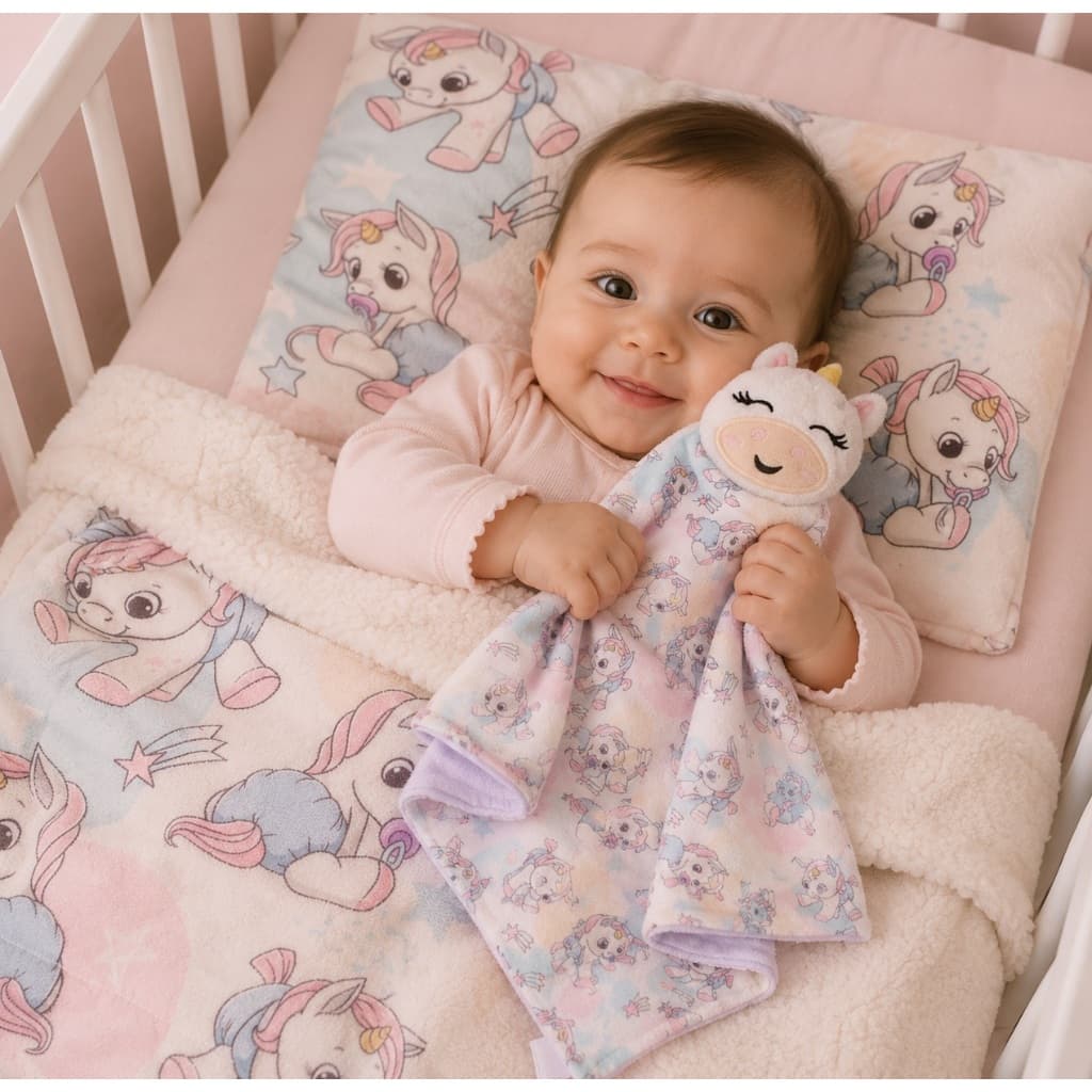 KIT MANTA MANTINHA COBERTOR SOFT E NANINHA 02 PC COM TEMA DE UNICORNIO ENXOVAL DE BEBE ROUPA DE BEBE