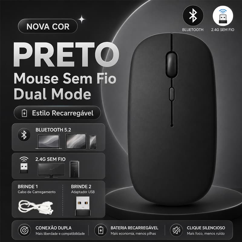 Mouse Bluetooth sem fio portátil 2 em 1 de modo duplo com carregamento USB, compatível com laptops, tablets e telefones