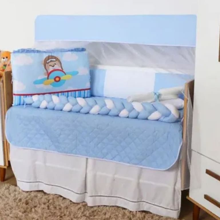 Kit Berço Sublimado Bebe Menino Aviador Azul Trança Protetor Completo Enxoval Bebê 10 Peças Luxo