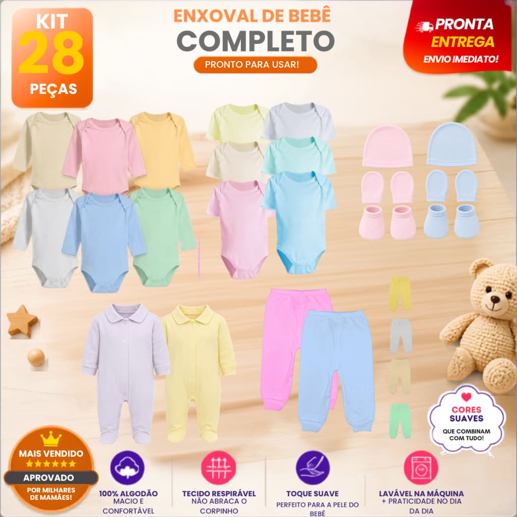 Kit Enxoval Bebê Infantil 28 Peças 100% Algodão Body + Calça Mijão + Macacão + Touca Luva Sapatinho Menino Menina RN