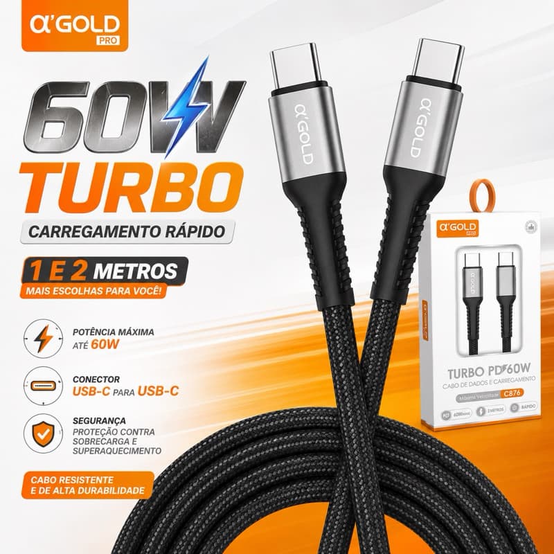 Cabo Turbo 60W USB-C Para Tipo C 2 Pontas 1 e 2 Metros Carregamento Rápido