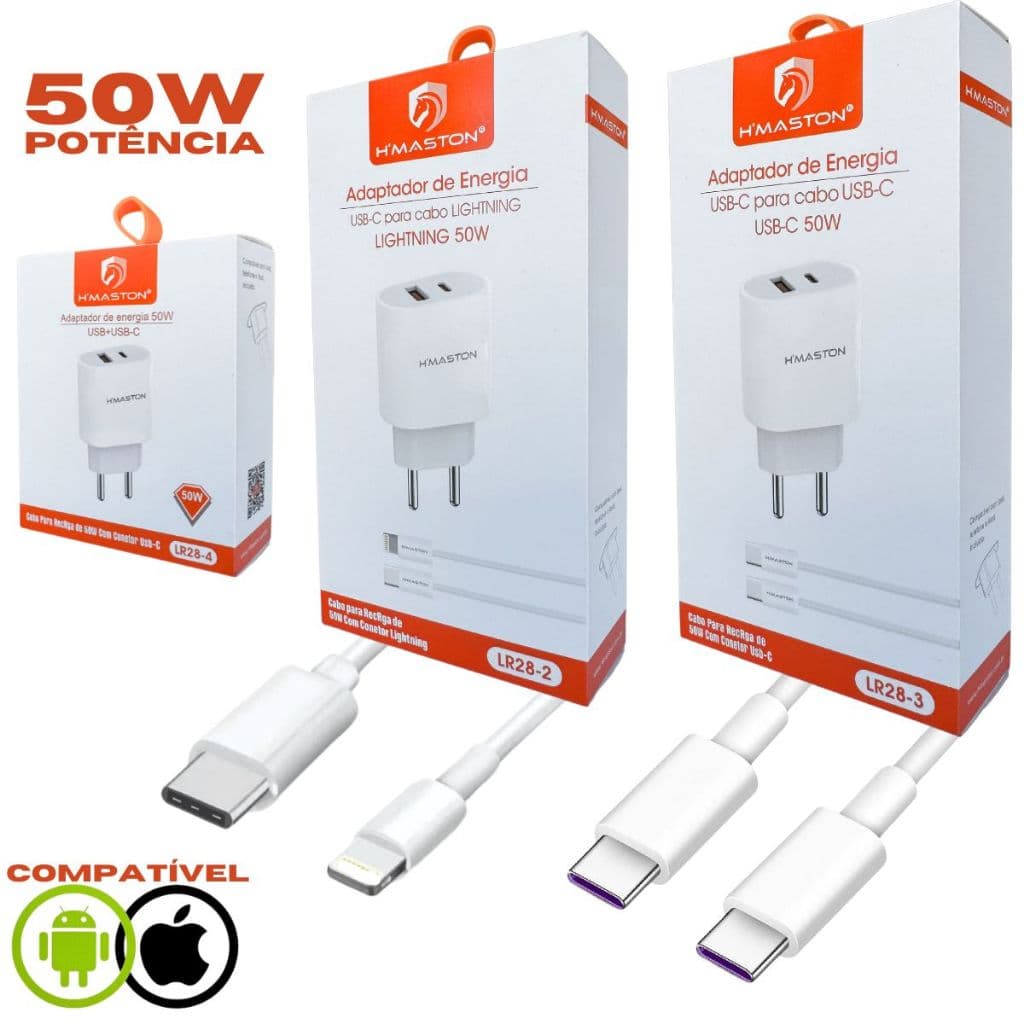 Carregador Turbo 50W H'Maston Original | USB + USB-C | iPhone Android | Fonte Rápida Bivolt LR28