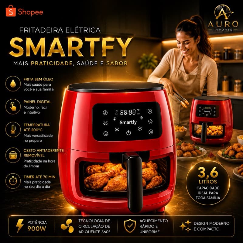 Fritadeira Elétrica Air Fryer Smartfy AF03R 3,6L Digital Touch Sem Óleo 900W Vermelha