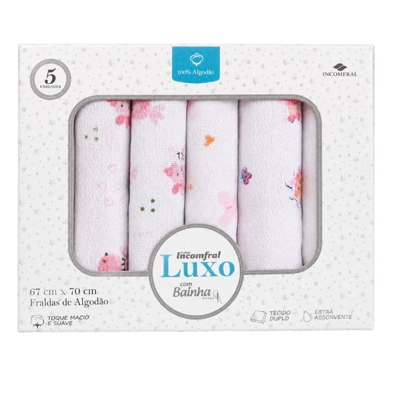 Kit Fralda Luxo Com Bainha bebê Caixa com 5, 10 e com Pano Boca babete branca Recém nascido maternidade enxoval neném