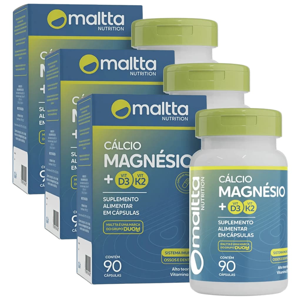 Kit C/ 3 Cálcio Magnésio + Vitamina D3 Vitamina K2 C/ 90 Cáps Maltta Original