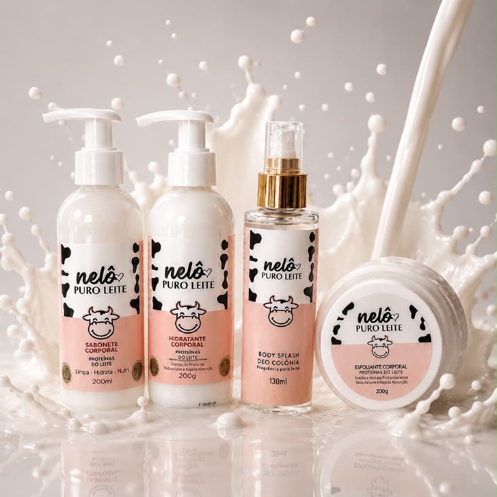 Kit Banho Puro Leite - Body Splash, Sabonete, Esfoliante e Hidratante Corporal - Puro Leite Vaquinha