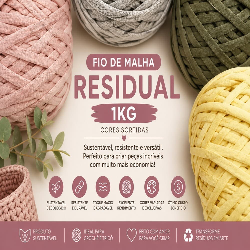 Fio de Malha Residual 1kg Crochê Cores Sortidas Barbante Sustentável para Bolsas Tapetes Artesanato