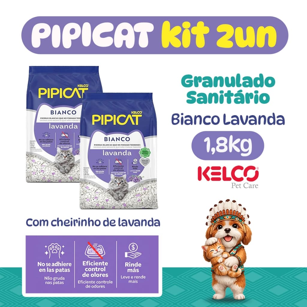 Kit 02un Areia Sanitária Gato Pipicat Bianco Lavanda Pacote 1,8kg Controle Odores Granulado Natural