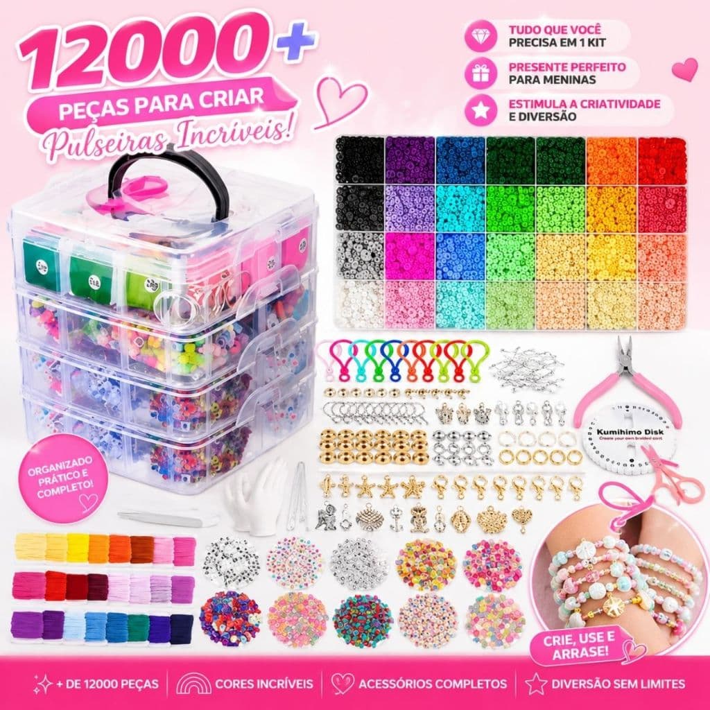 Kit Miçangas Completo 12000 Peças  Pulseiras Colares Infantil Letras Pingentes Caixa Organizadora DIY