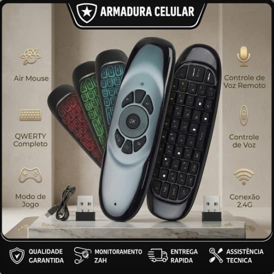 “Controle Air Mouse LE-7679 Sem Fio 2.4G com Teclado e Comando de Voz – Smart TV, Android, PC e Projetor”