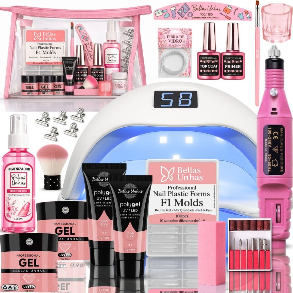 Kit Alongamento de Unha em Gel Polygel Poligel Fibra 3 em 1 Completo + Cabine Lixadeira Nécessaire