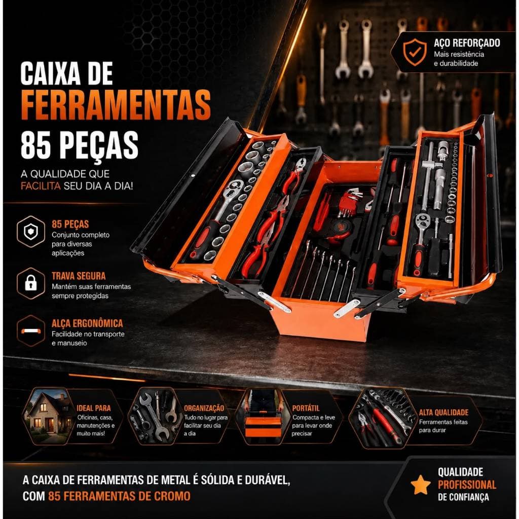 Conjunto de Caixa de Ferramentas de 85 Peças com Caixa de Metal - 1/4" & 1/2"