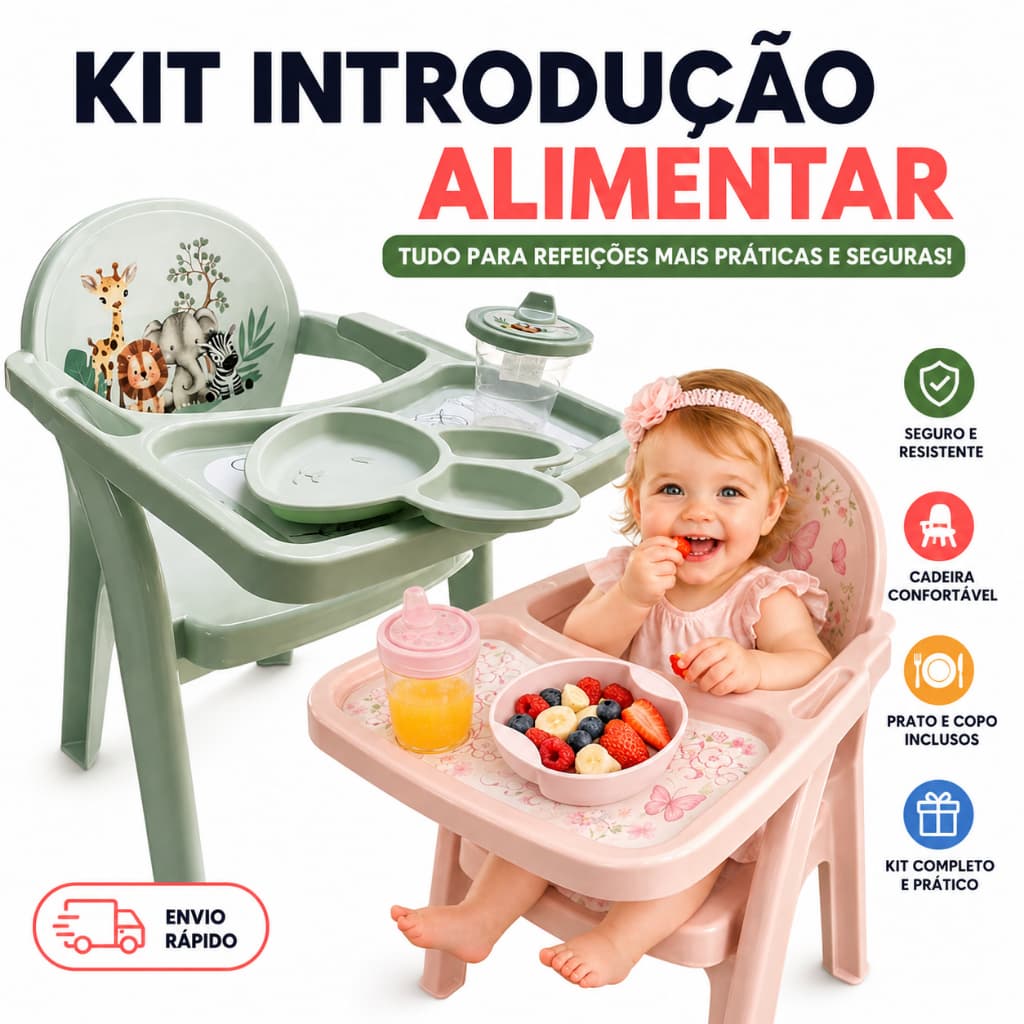 Cadeira de Refeição Completa Infantil Urso – Cadeira com Prato e Copo Bebê | Alimentação Segura