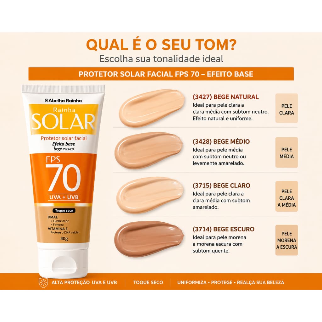 Protetor Solar Facial FPS 70 UVA + UVB Cor de Base Toque Seco com DMAE e Vitamina E  - Abelha Rainha