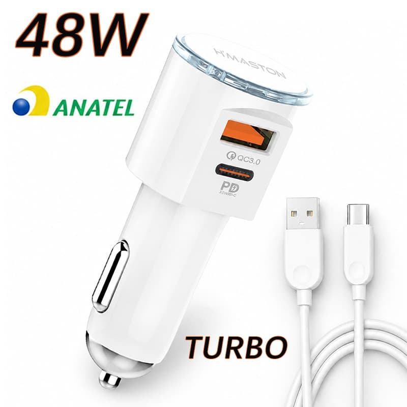 Carregador Veicular 48W Max USB-C PD USB-A QC 3.0 com Cabo Tipo-C Lightning