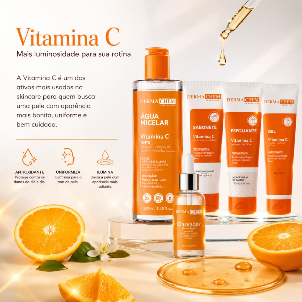 Kit Skincare Vitamina C Dermachem Completo | Sérum Clareador + Protetor Solar FPS60 Sem Cor + Mousse Micelar Vitamina C