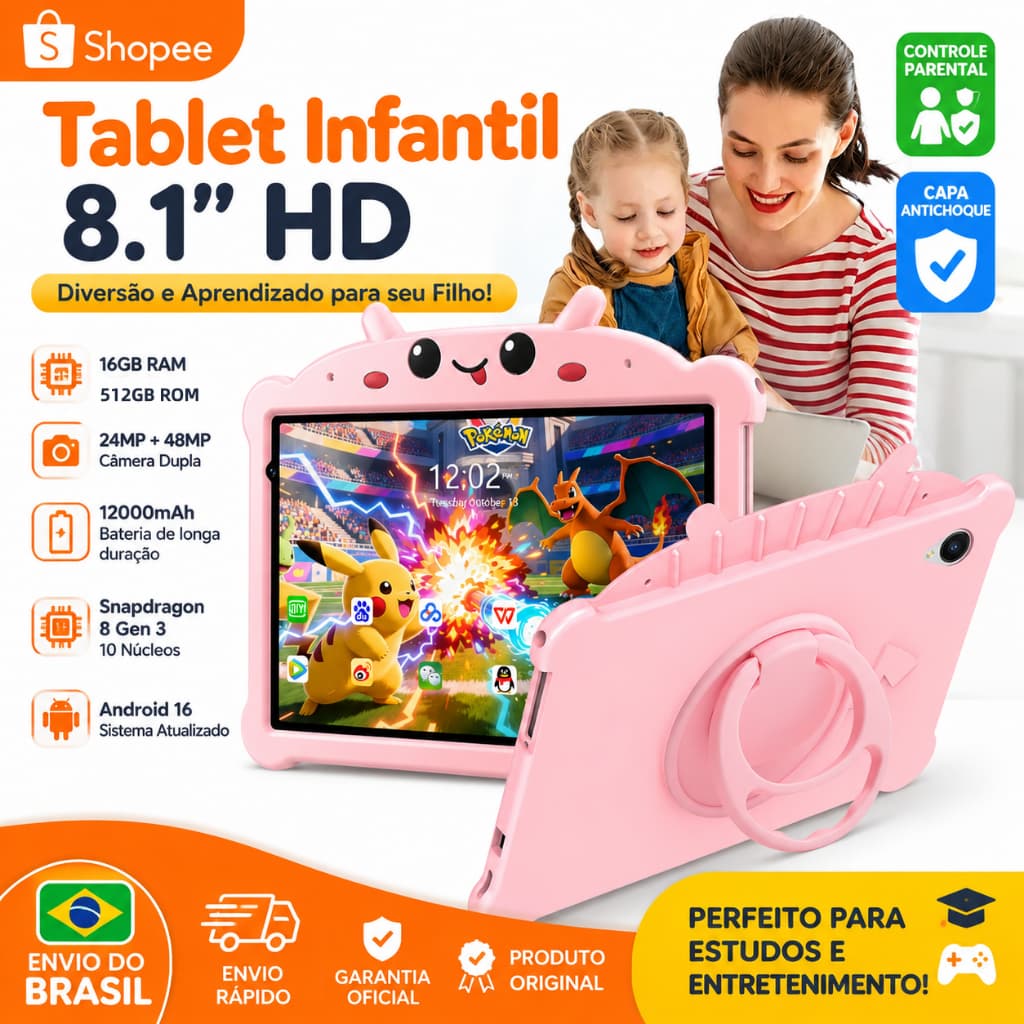 Tablet Infantil Kids 8.1" HD - 16GB RAM +512GB ROM  Bateria 12000mAh  Câmeras 48MP+24MP Snapdragon 8 Gen 3 Android 16 5G