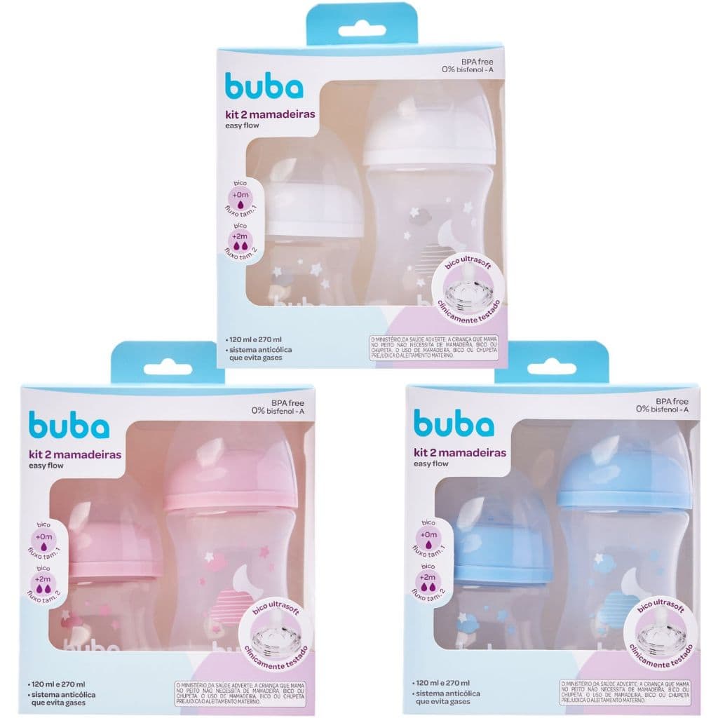 Kit Mamadeira Buba Anticólica Mamadeira Bebê Buba 2 Unidades Easy Flow 120/270ml