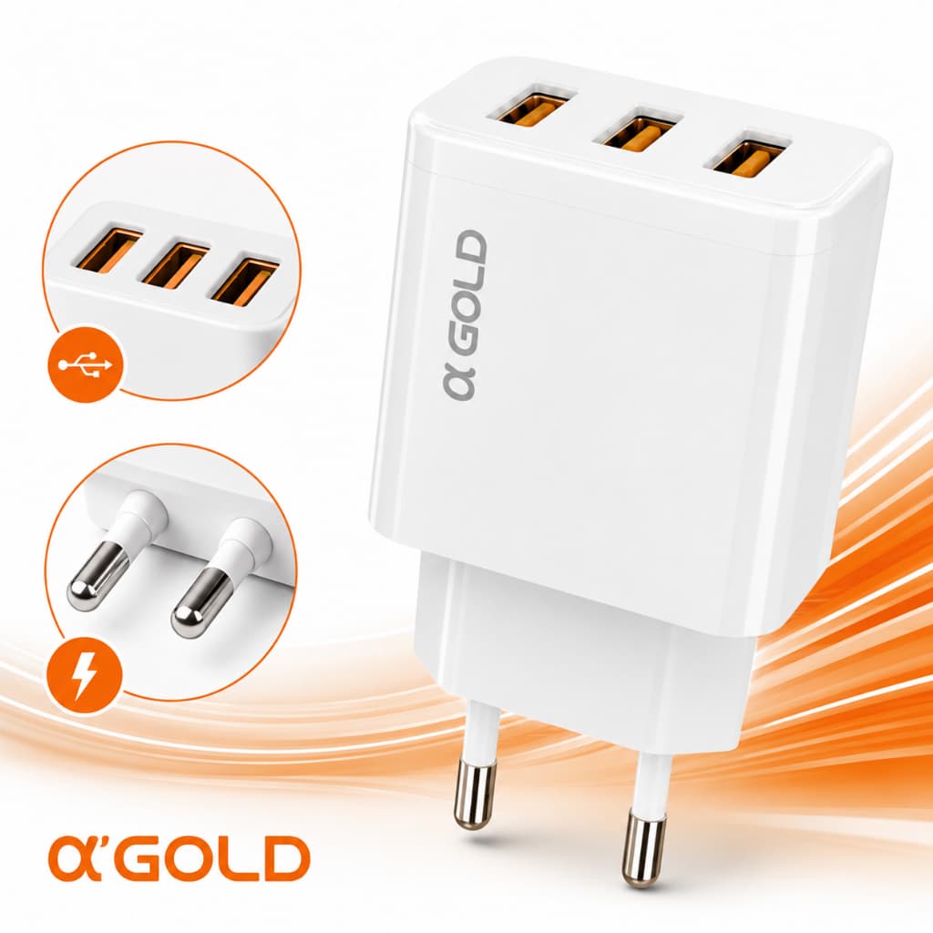 Fonte Carregador USB 5.1A Carga Rápida 3 Portas Universal Bivolt A'Gold