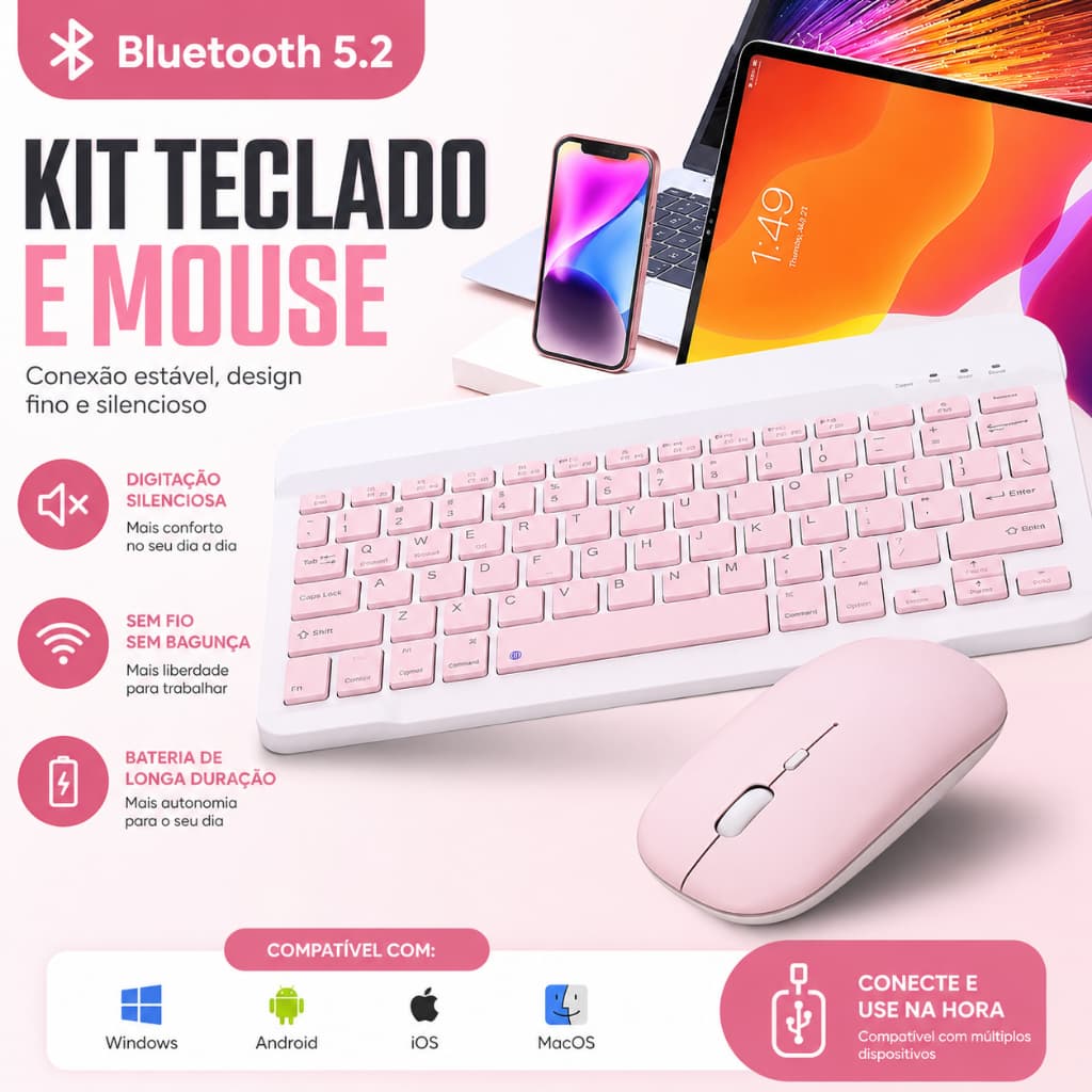 Kit Teclado e Mouse Bluetooth 5.2 Sem Fio Slim Silencioso Compatível com Notebook Bluetooth Windows 10+Ios Andr