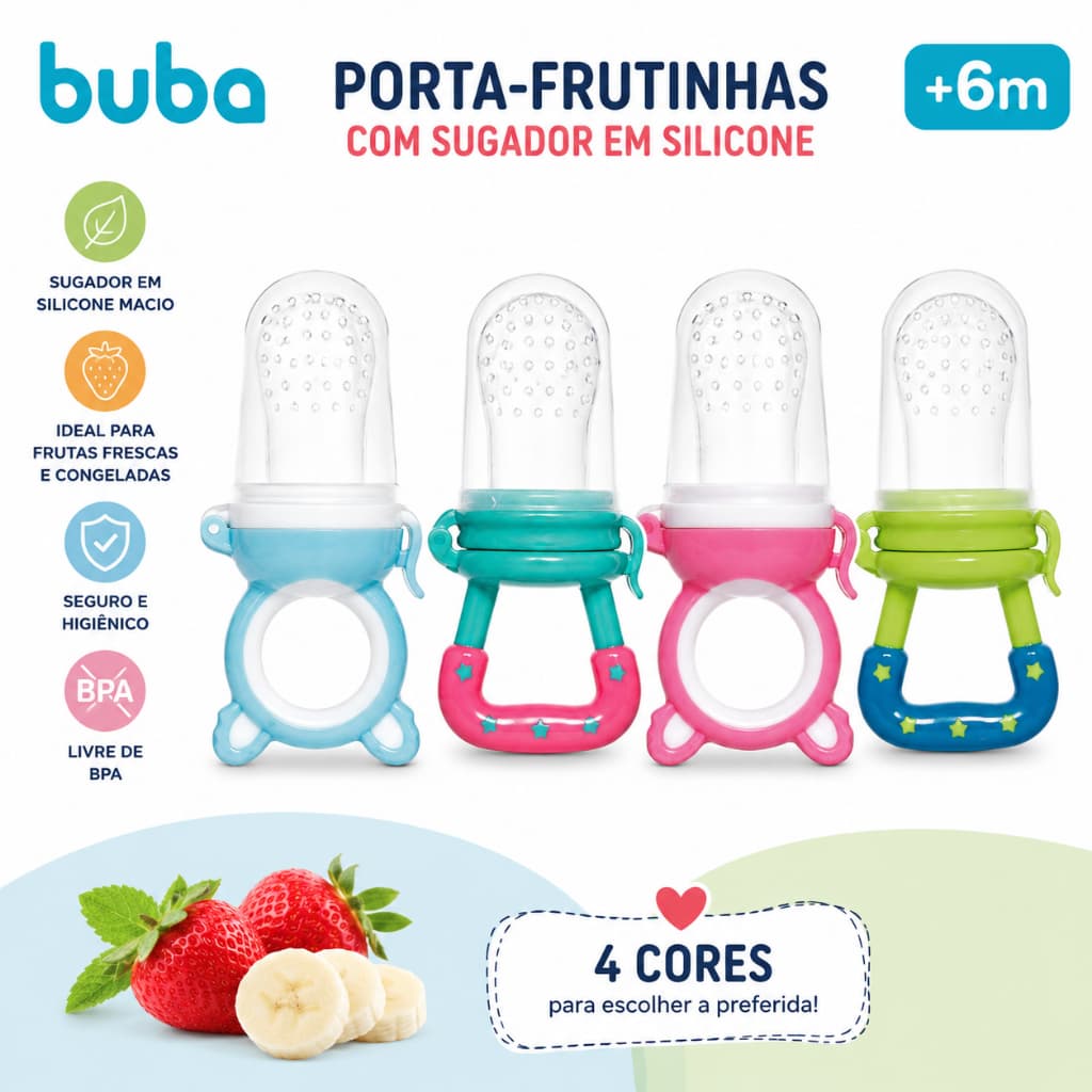 Porta Fruta Buba para Bebê Chupeta com Mordedor em Silicone