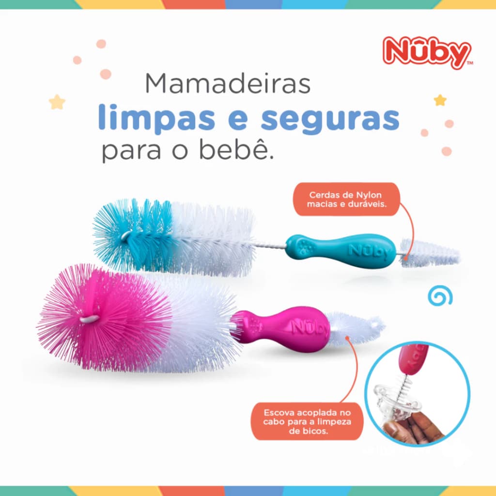 Escova Para Bico E Mamadeira Bebê Limpeza 2 Em 1 Cerdas de Nylon Menino Menina