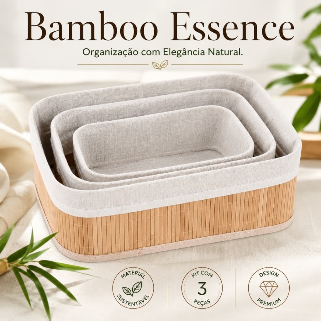 Kit 3 Cestos Organizadores de Bambu com Forro Removível | Organizador Multiuso para Cozinha, Banheiro, Quarto.