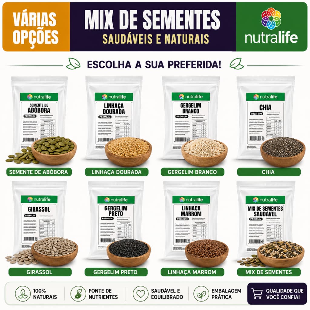 Sementes Naturais Premium 250g – Chia, Linhaça, Gergelim, Girassol e Semente de Abóbora
