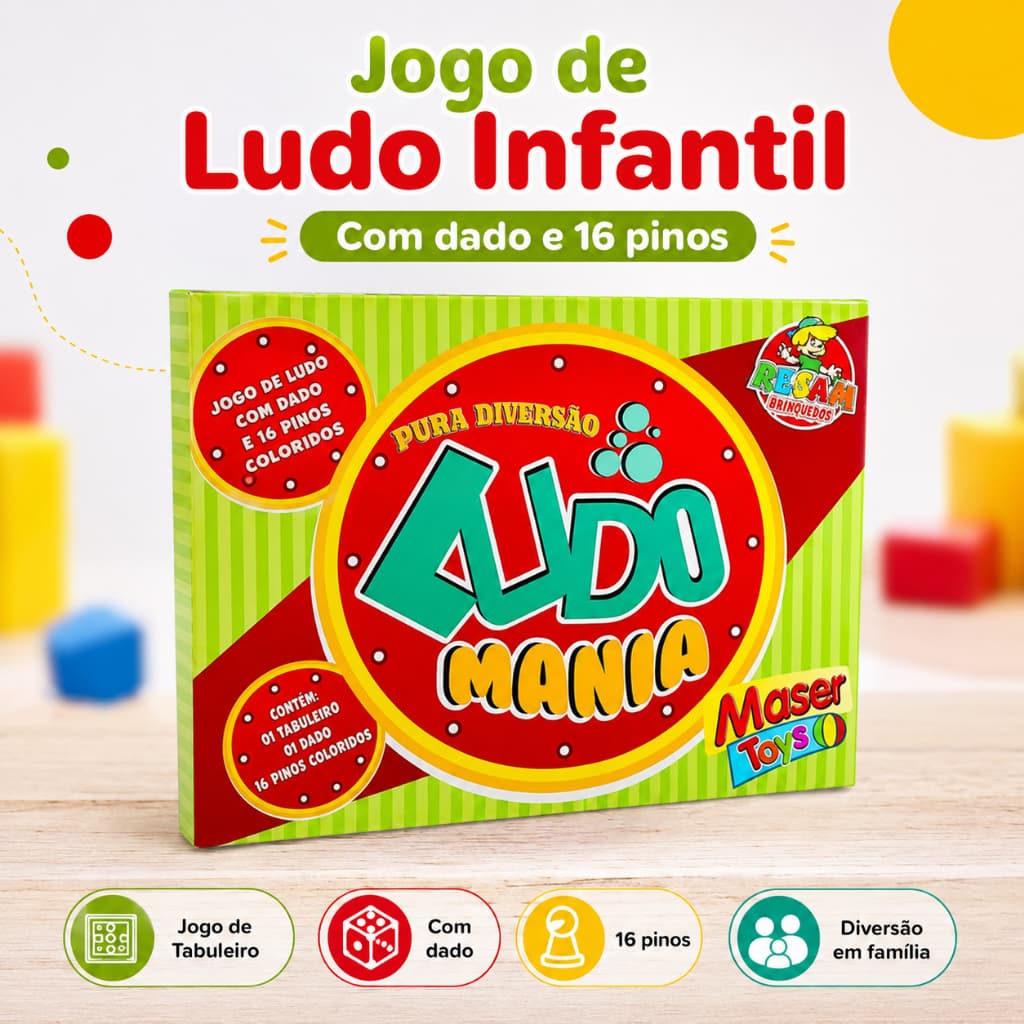 Jogo de Ludo Infantil Tabuleiro com Dado e 16 Pinos Brinquedo Diversão Família