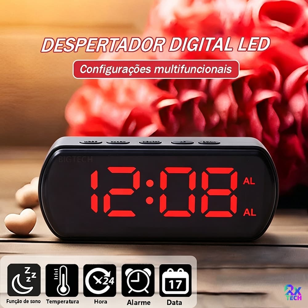 Relógio Digital LED Com Termômetro Umidade Alarme e Dimmer Ajustável