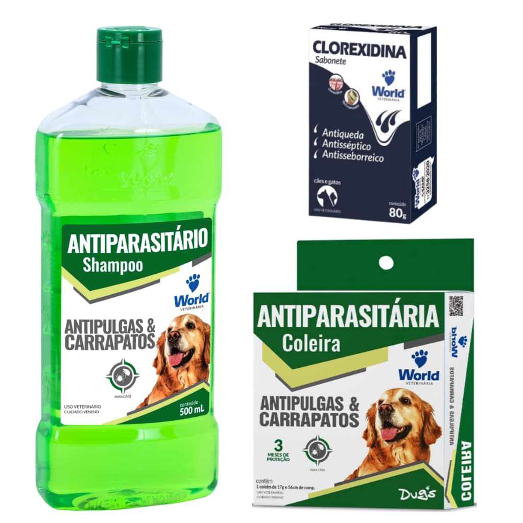 Kit Antiparasitários Contra Pulgas e Carrapatos Shampoo Coleira e Sabonete Clorexidina Para Pets