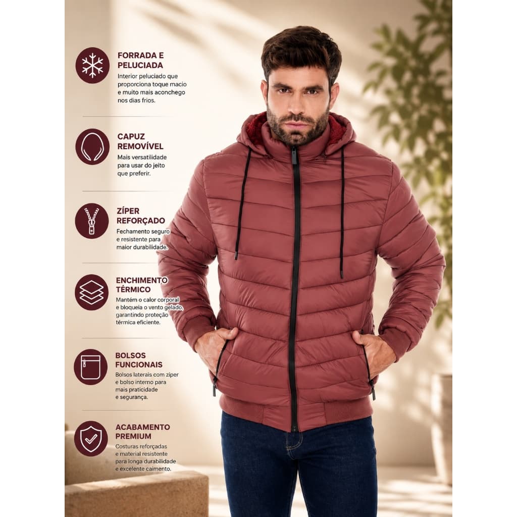 Jaqueta Puffer Masculina Peluciada Com Capuz Removível Forrada Inverno Frio Casaco Gominho Premium