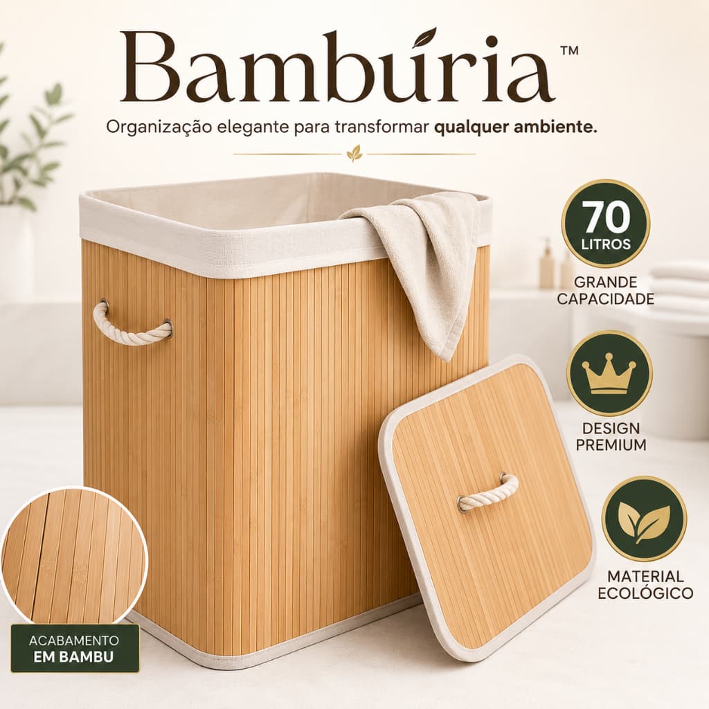 Cesto de Roupas Organizador 70L Dobrável com Tampa e Alças Estilo Bambu para Lavanderia Quarto Banheiro