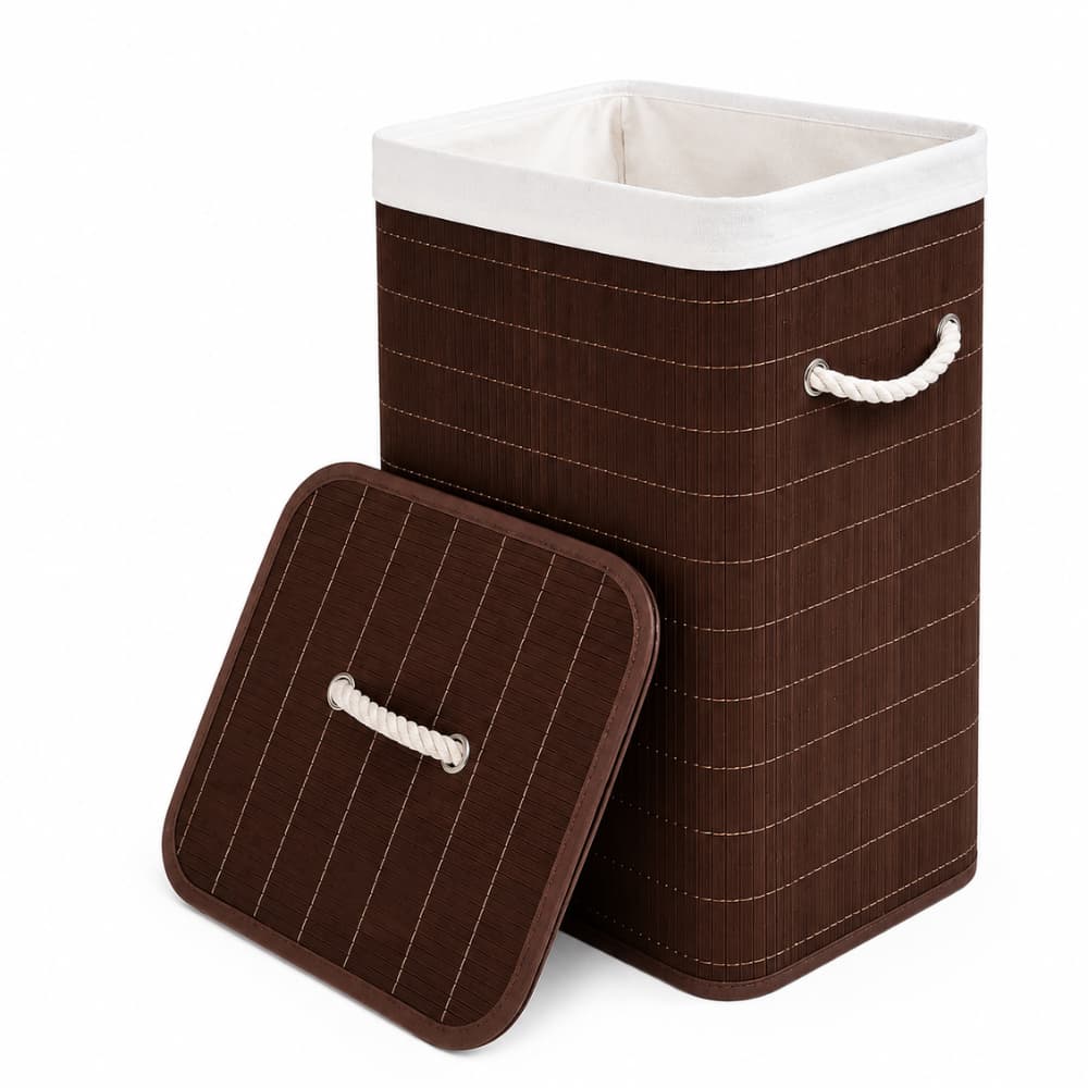 Cesto de Roupa Suja Bambu Dobrável com Tampa e Forro Organizador Grande e Resistente Banheiro 70 litros - Cor: Marrom