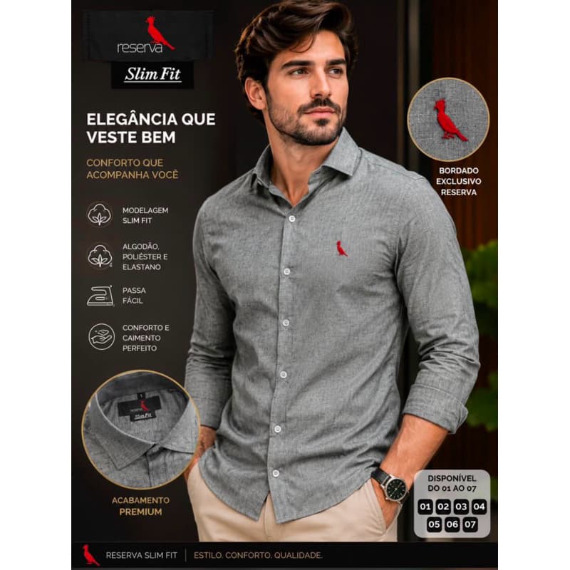 Camisa social Manga Longa R’ Masculina slim fit trabalhada algodão não amassa passa fácil