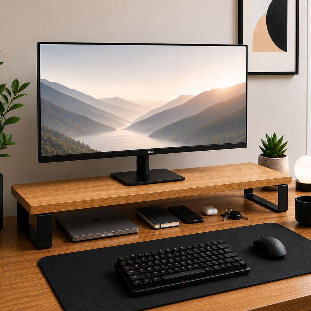 Suporte Para Monitor Setup Gamer Stand 80x22 MDF Freijó Estilo Industrial Home Office Organizador de Mesa
