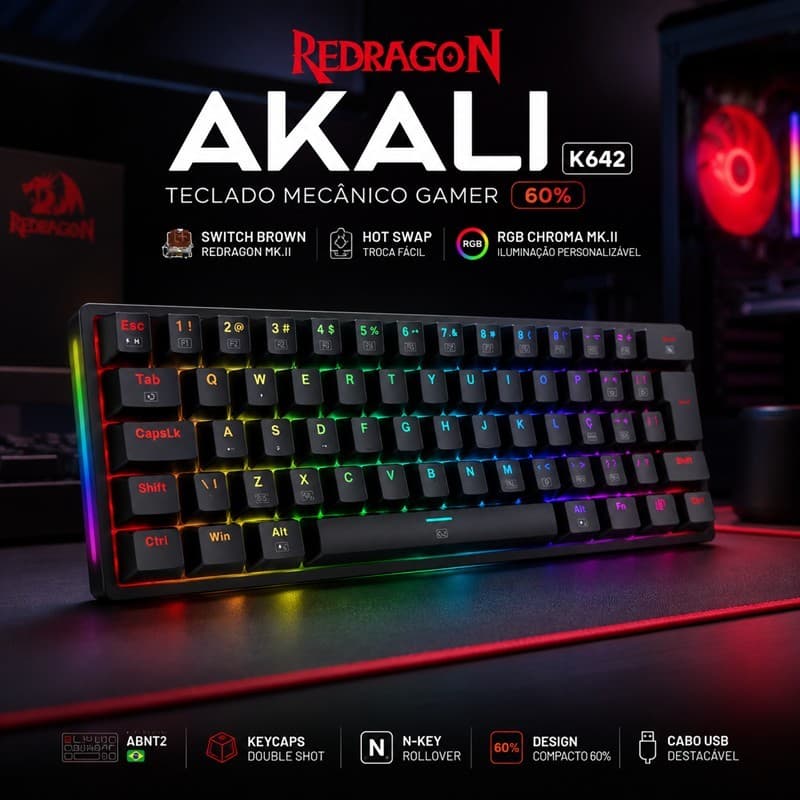 Teclado Mecânico Redragon Akali RGB 60% ABNT2 Hot Swap Switch Brown K642