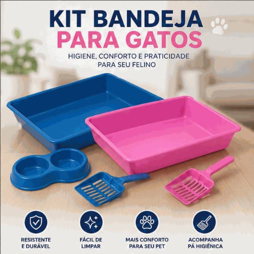 Kit Bandeja Higiênica Gato com Pá e Comedouro Duplo Caixa de Areia Sanitária Completo Pet Rosa